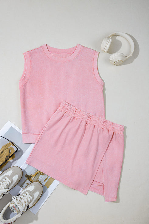 Effortless Style Washed Sleeveless Muscle Tee And Overlap Skort Two Piece Set